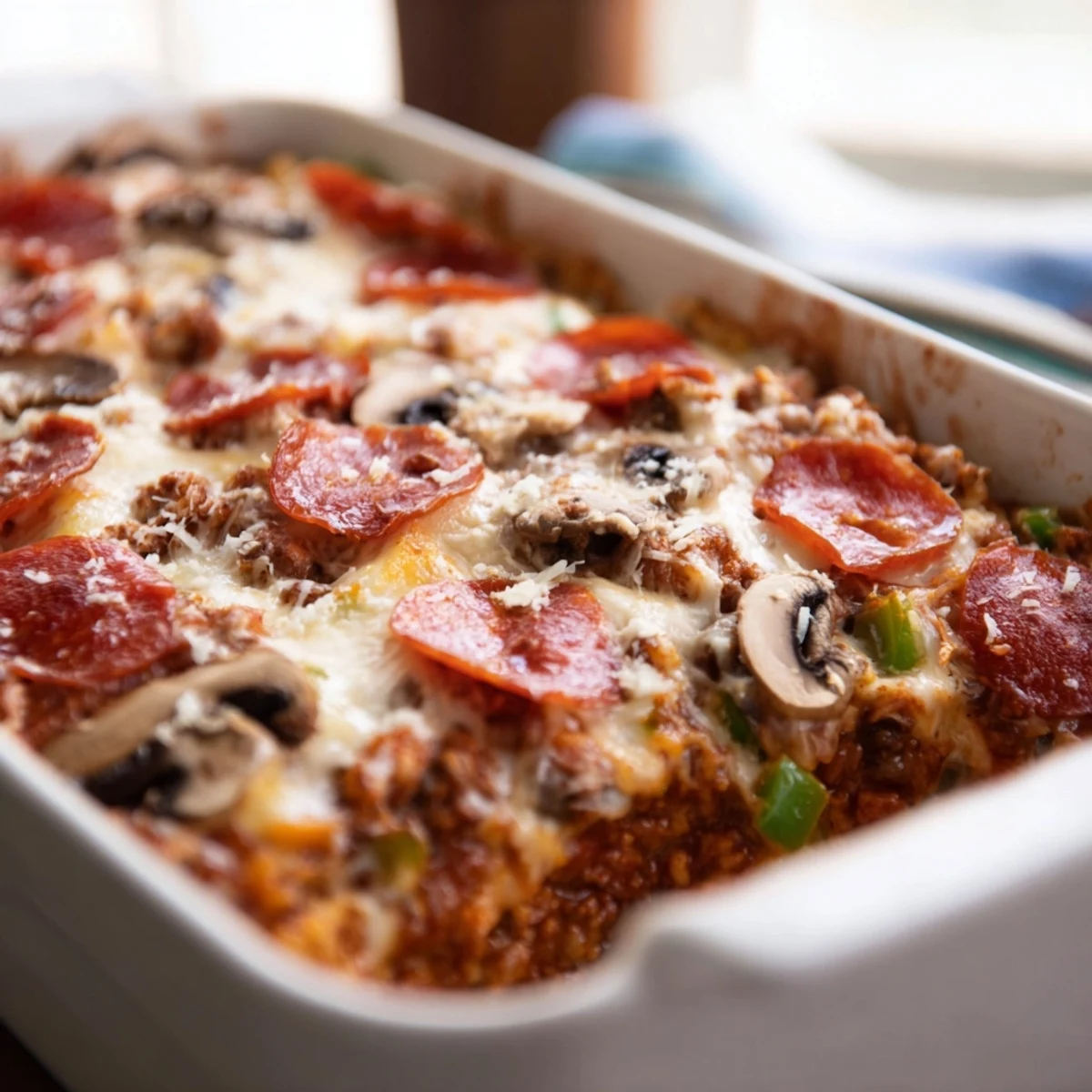 The baked Easy Low Carb Keto Crustless Pizza Casserole showcases browned mozzarella, golden edges, and vibrant green peppers on top.