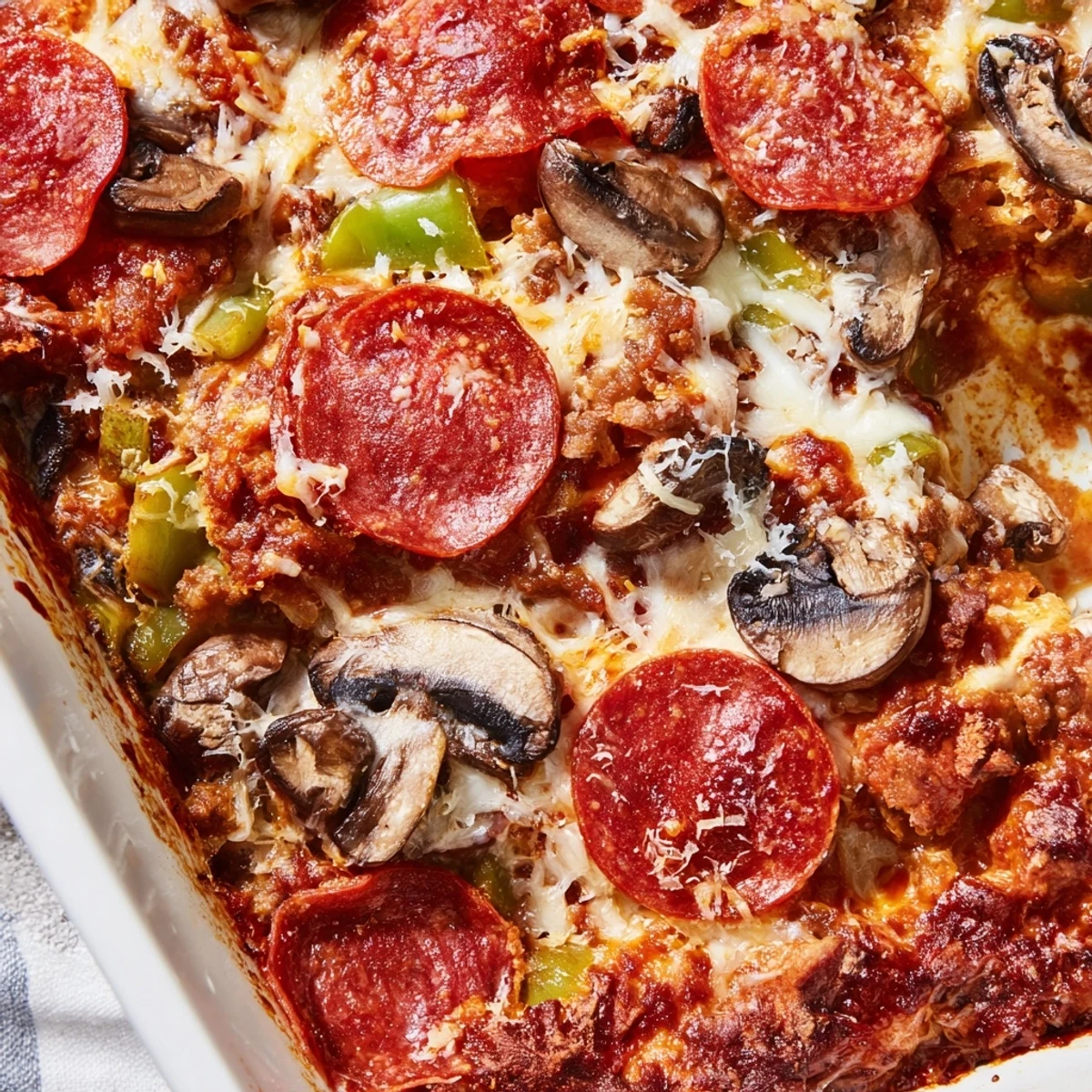 In this image of Easy Low Carb Keto Crustless Pizza Casserole, melted cheese and pepperoni slices cover the savory filling.