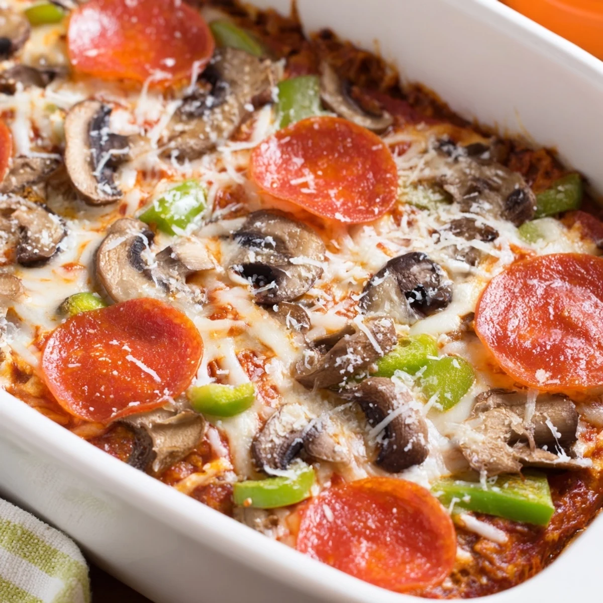 Close-up of Easy Low Carb Keto Crustless Pizza Casserole showing bubbling cheese and a slice ready to be served.