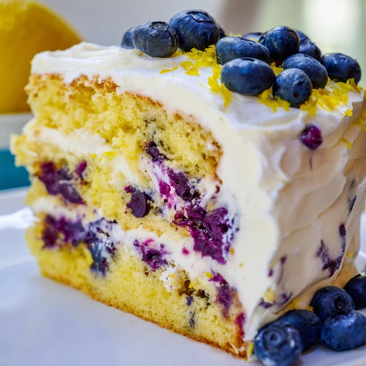 Moist lemon blueberry cake with cream cheese frosting sliced to show juicy berries in every tender crumb.