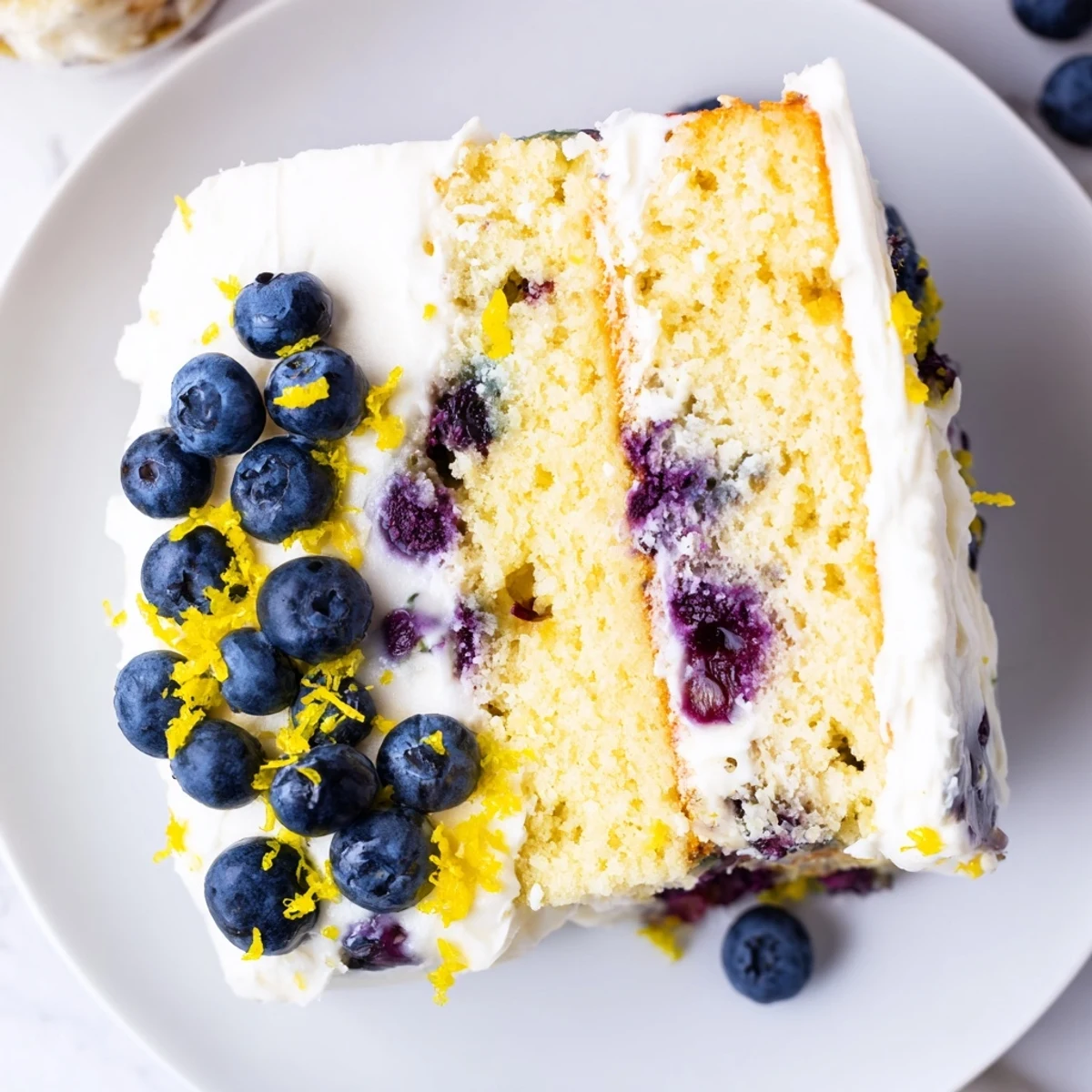 Fresh lemon blueberry cake with cream cheese frosting served on a pastel plate with lemon zest garnish.