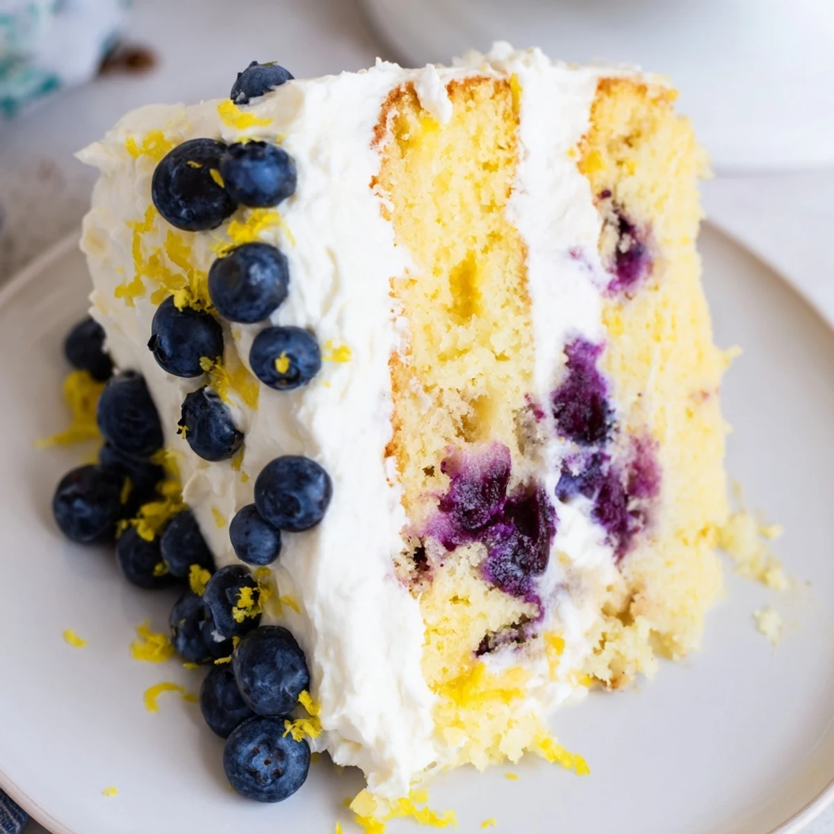 Lemon blueberry cake with cream cheese frosting on a cake stand, springtime dessert perfect with iced tea.