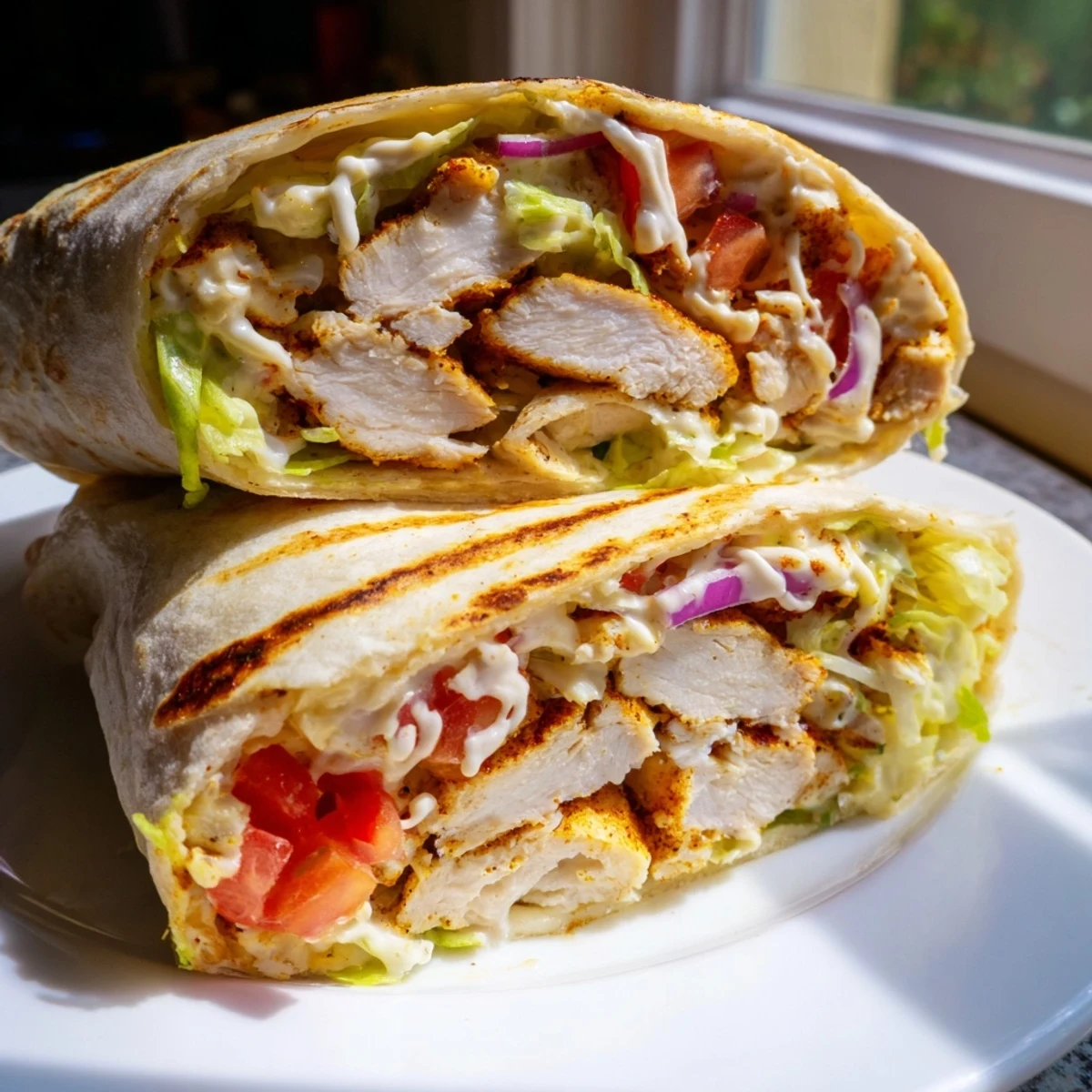 Golden-brown Cheesy Garlic Chicken Wraps sit on a wooden board, filled with melted cheese and fresh veggies.