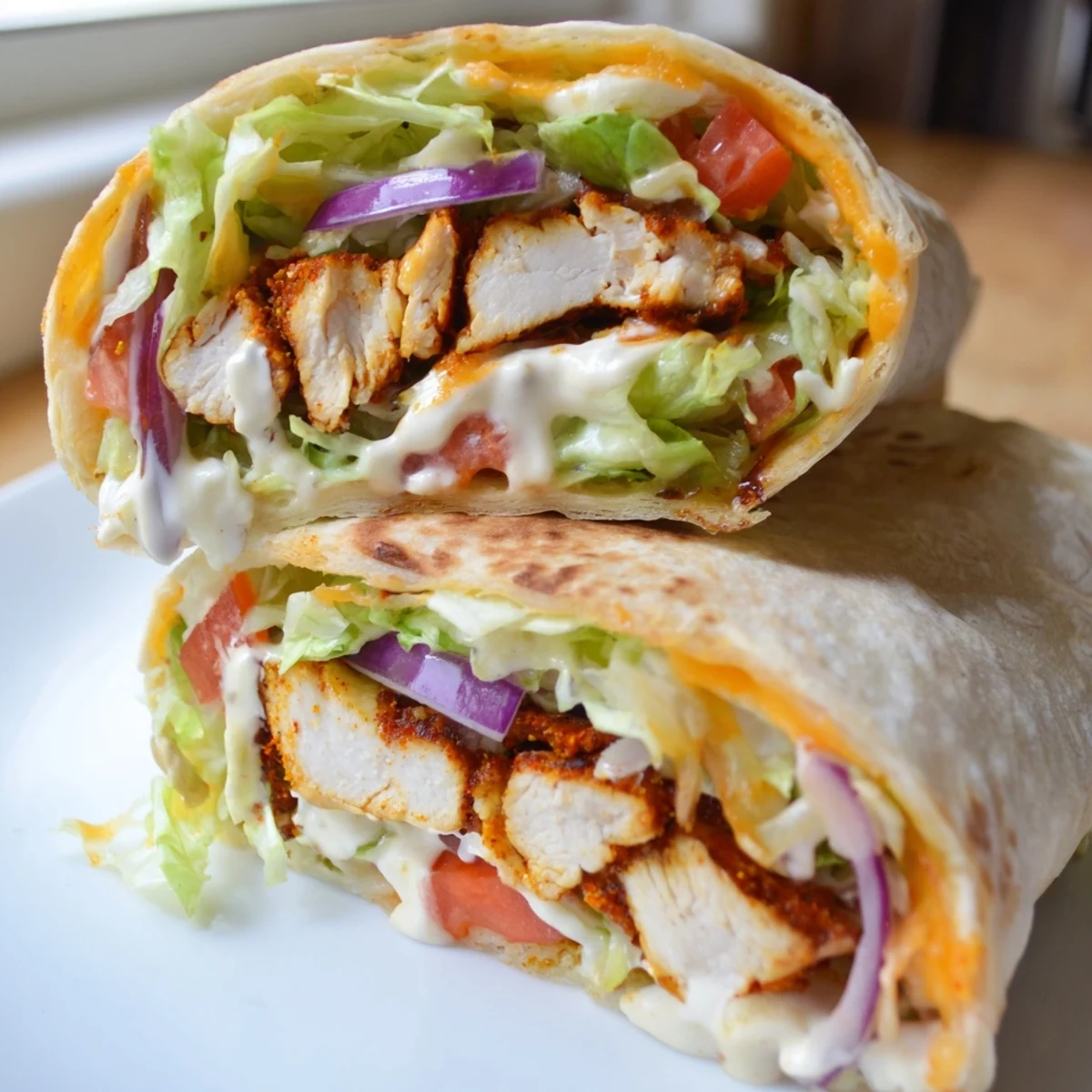 A close-up of Cheesy Garlic Chicken Wraps shows melted cheese oozing from a soft, toasted tortilla.