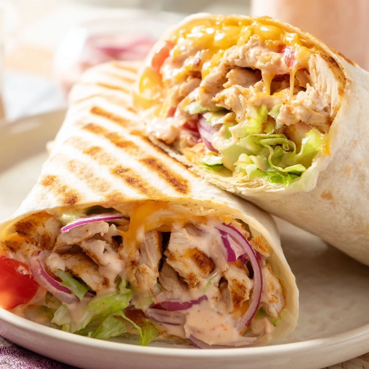 Freshly prepared Cheesy Garlic Chicken Wraps are cut in half, revealing juicy chicken and crisp lettuce inside.
