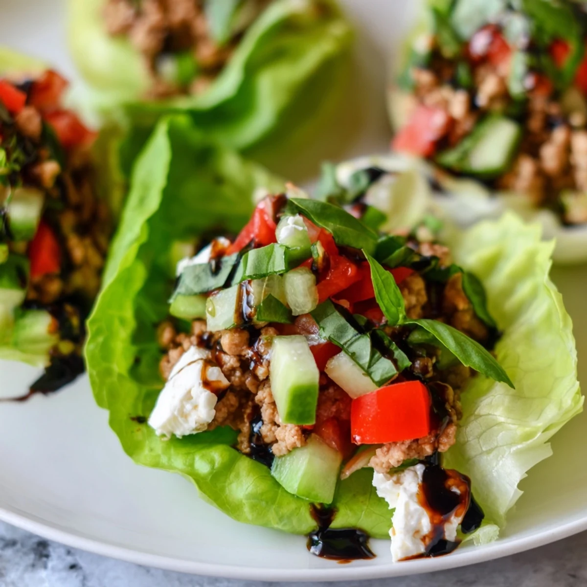Perfectly plated Italian Lettuce Wraps with ground turkey, veggies, and cheese, ideal for a low-carb gluten-free meal.