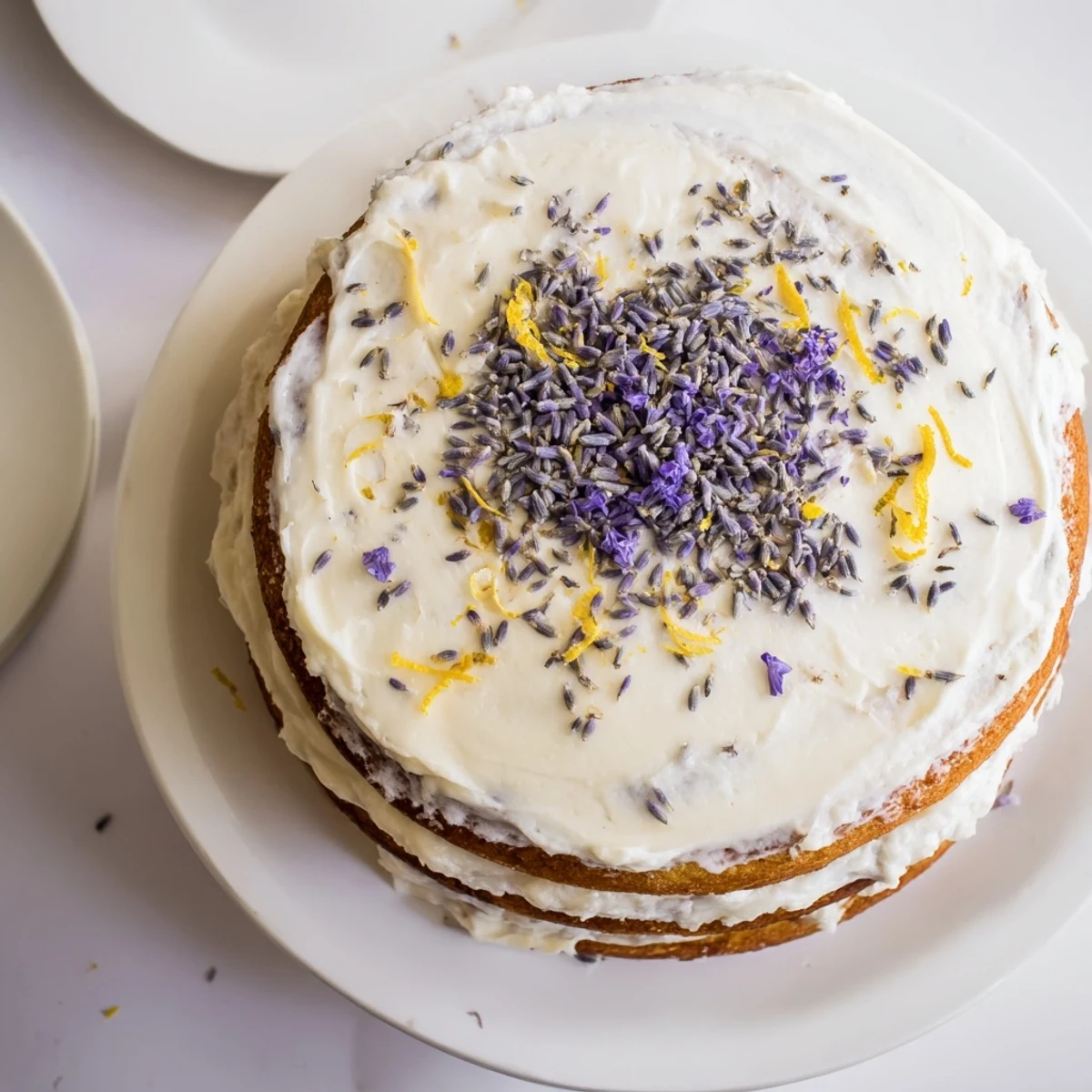 Fluffy layers of London Fog Cake with Earl Grey & Lavender, frosted in creamy vanilla bean, garnished with lavender buds and lemon zest.