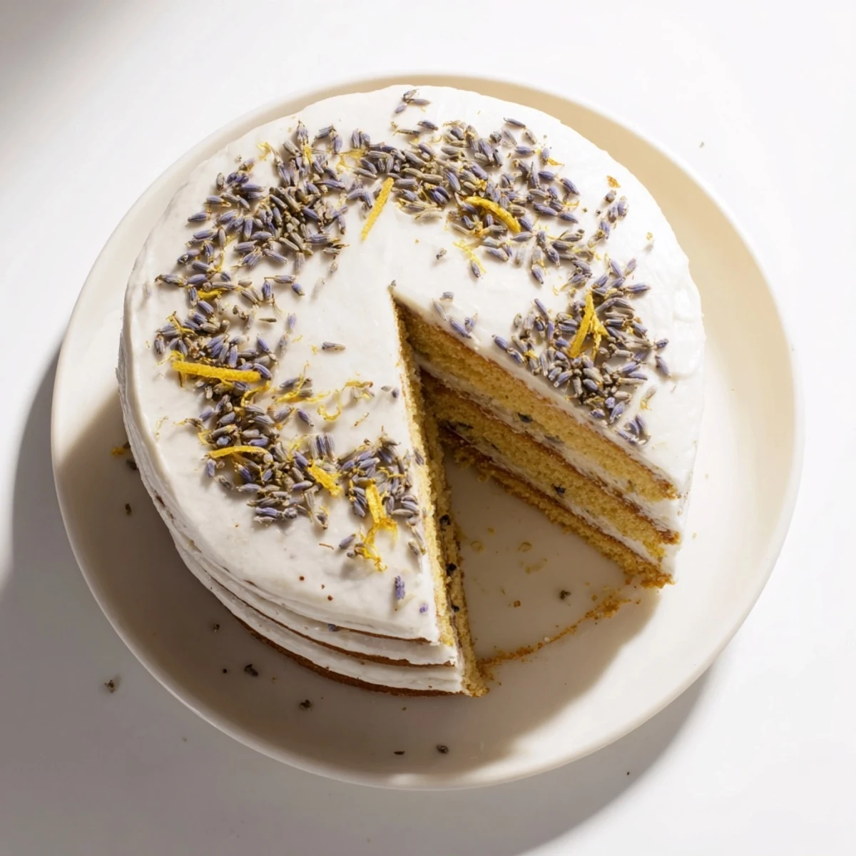 Sliced London Fog Cake with Earl Grey & Lavender highlights the tender crumb and elegant vanilla frosting, perfect for a British tea party.