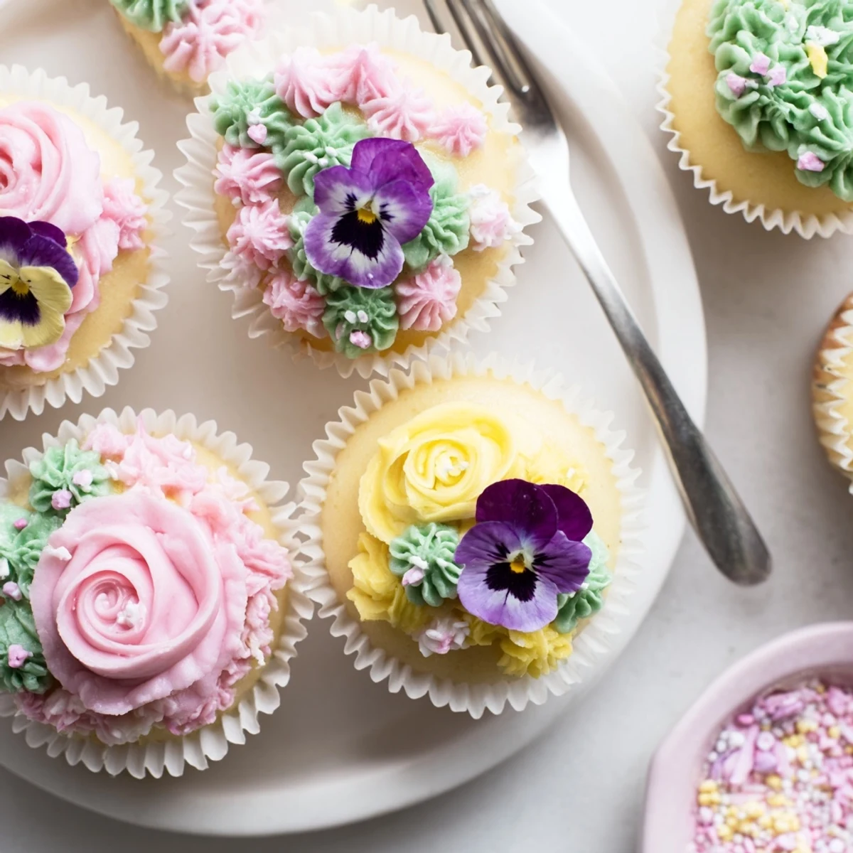 Delicate vanilla Baby In Bloom Cupcakes with pastel floral buttercream swirls, perfect for a baby shower dessert table.
