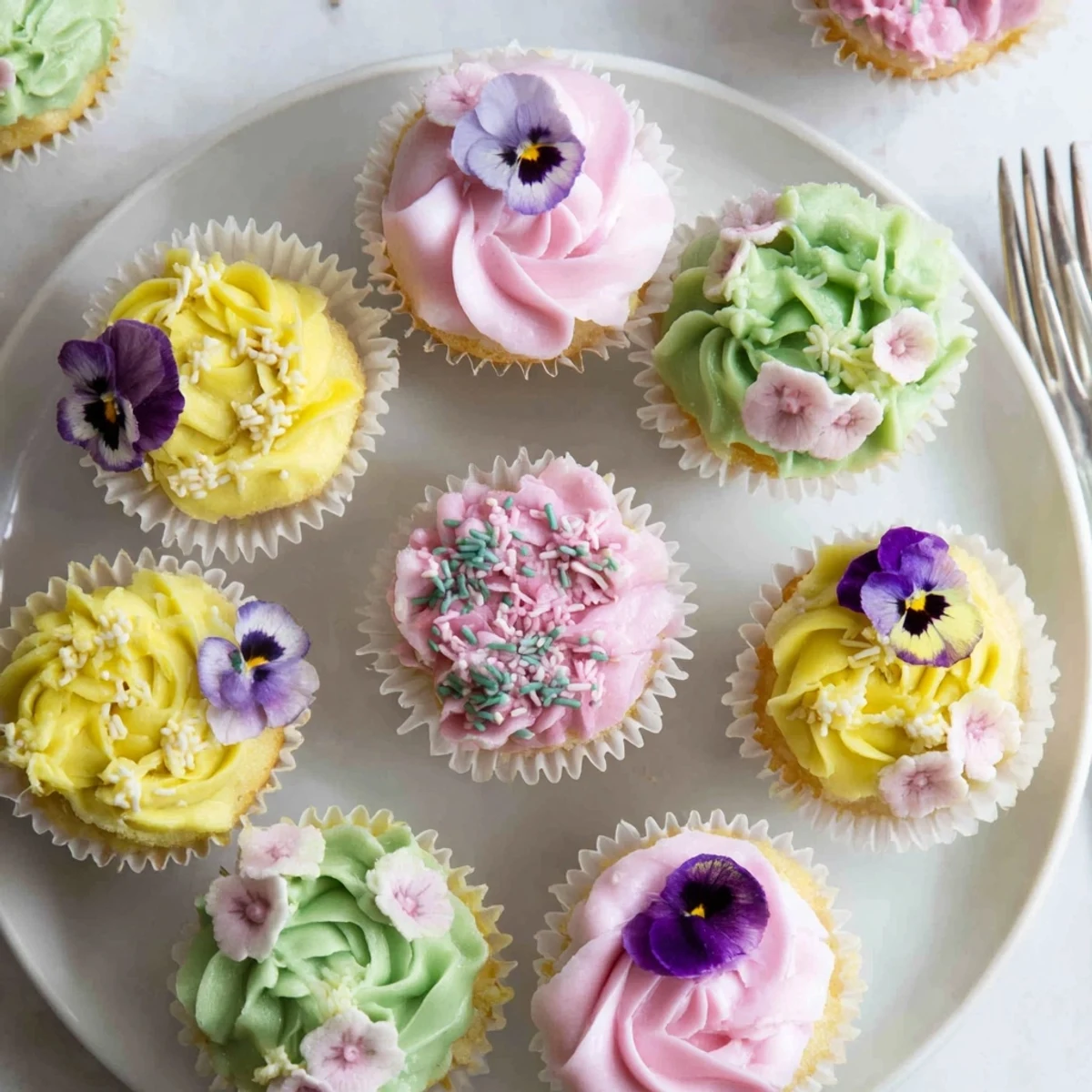 Bright Baby In Bloom Cupcakes on a white plate, ready to serve with iced tea at a spring celebration.