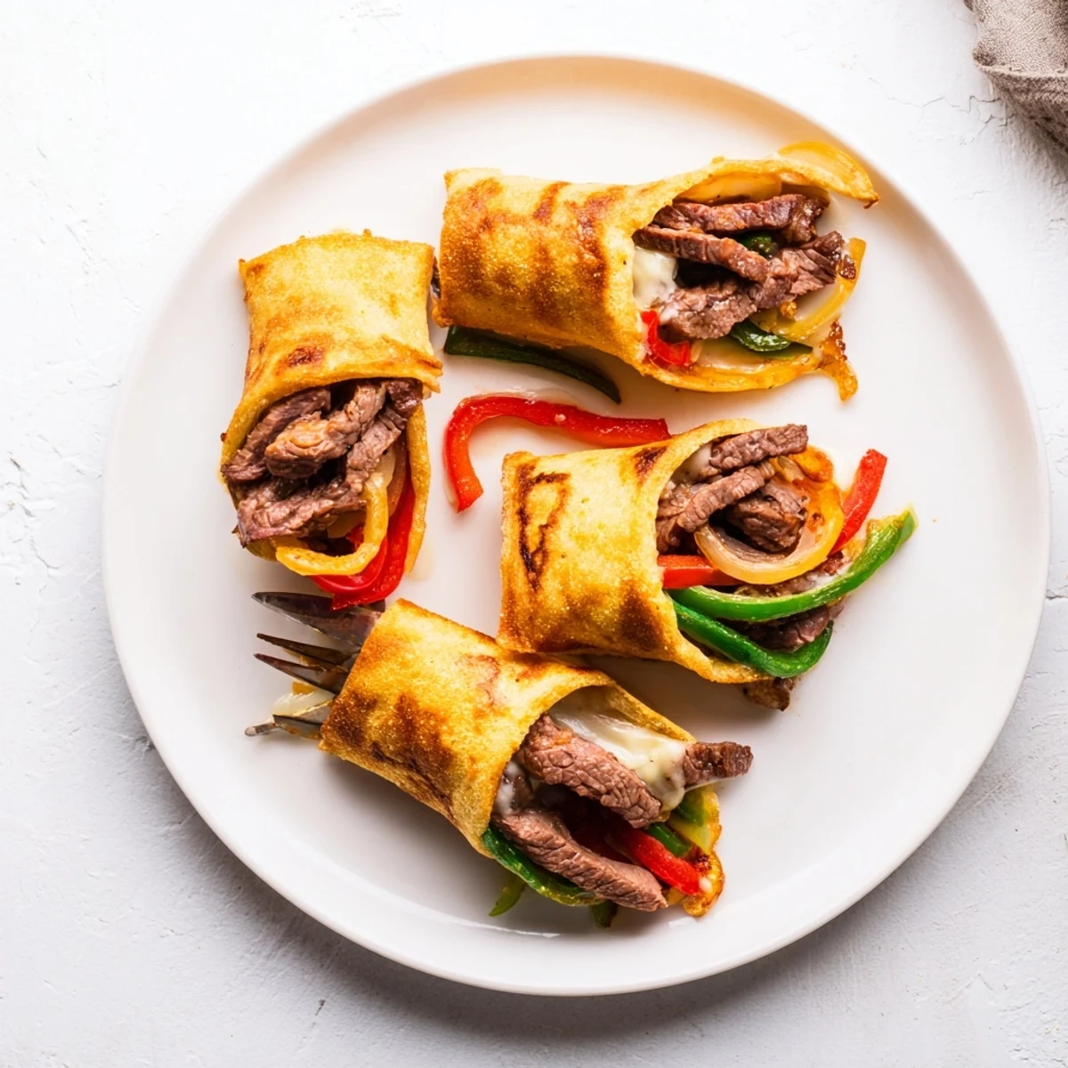 Golden-baked Ultimate Keto Philly Cheesesteak Rolls filled with sautéed peppers, onions, and melted provolone on a platter.