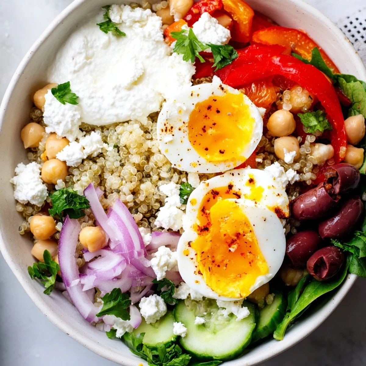 A vibrant High Protein Mediterranean Breakfast Bowl with quinoa, chickpeas, and jammy eggs topped with fresh veggies and feta.
