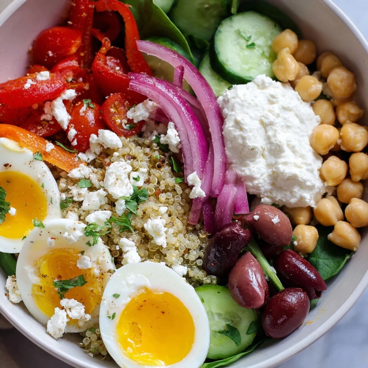 Healthy High Protein Mediterranean Breakfast Bowl served with roasted red peppers, cucumber, and parsley for a refreshing, high-protein start.