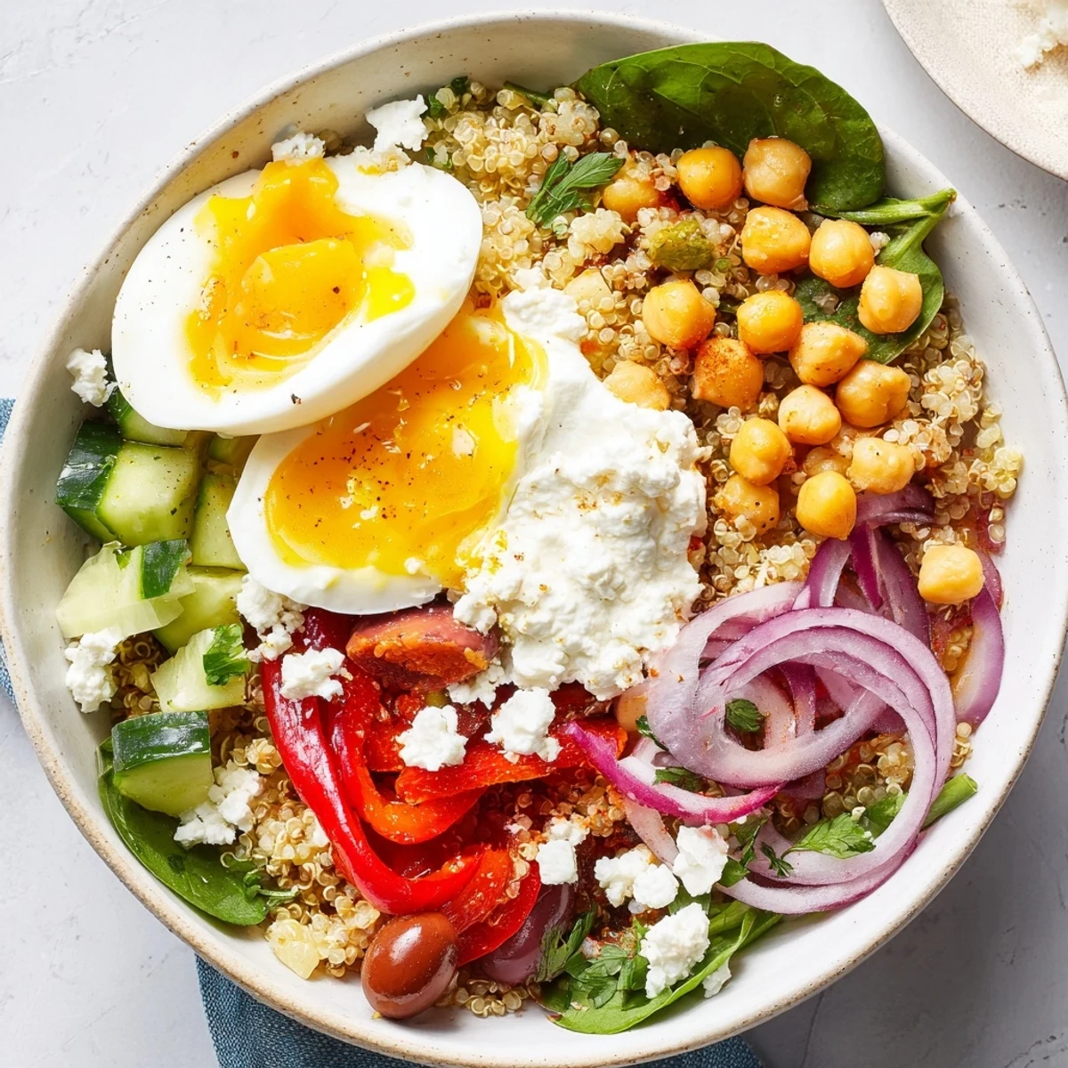 Colorful High Protein Mediterranean Breakfast Bowl featuring Greek yogurt, olives, and a drizzle of olive oil for a savory morning meal.