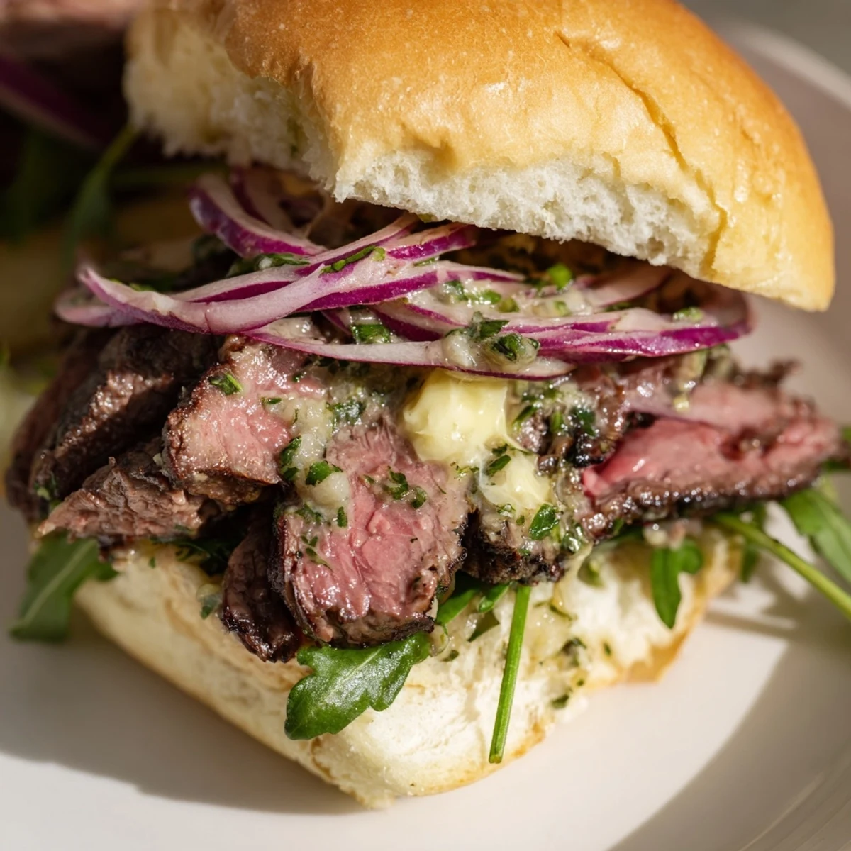 Juicy steak slices on soft buns, brushed with zesty cowboy butter, topped with fresh arugula and red onion for a flavorful bite.