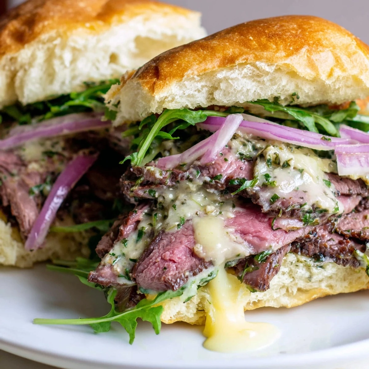 A close-up of tender sliced steak and vibrant veggies piled high on slider buns, drizzled with rich, herb-packed cowboy butter.