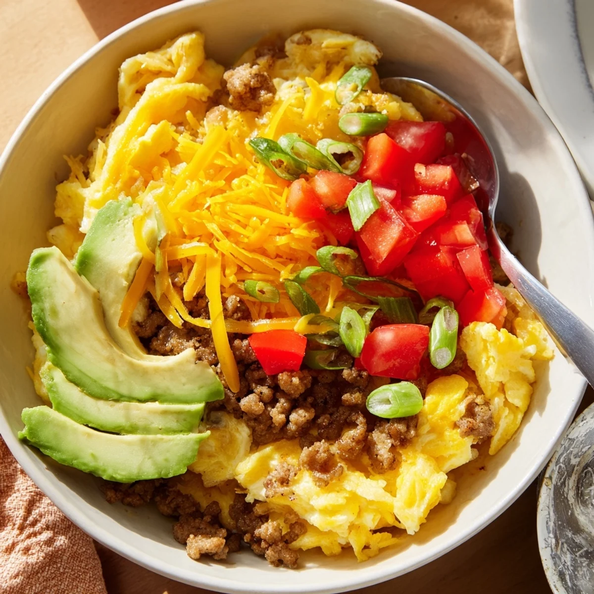 Crispy golden hash browns topped with fluffy eggs, sausage, cheese, tomatoes, and avocado in these Hash Brown Breakfast Bowls.