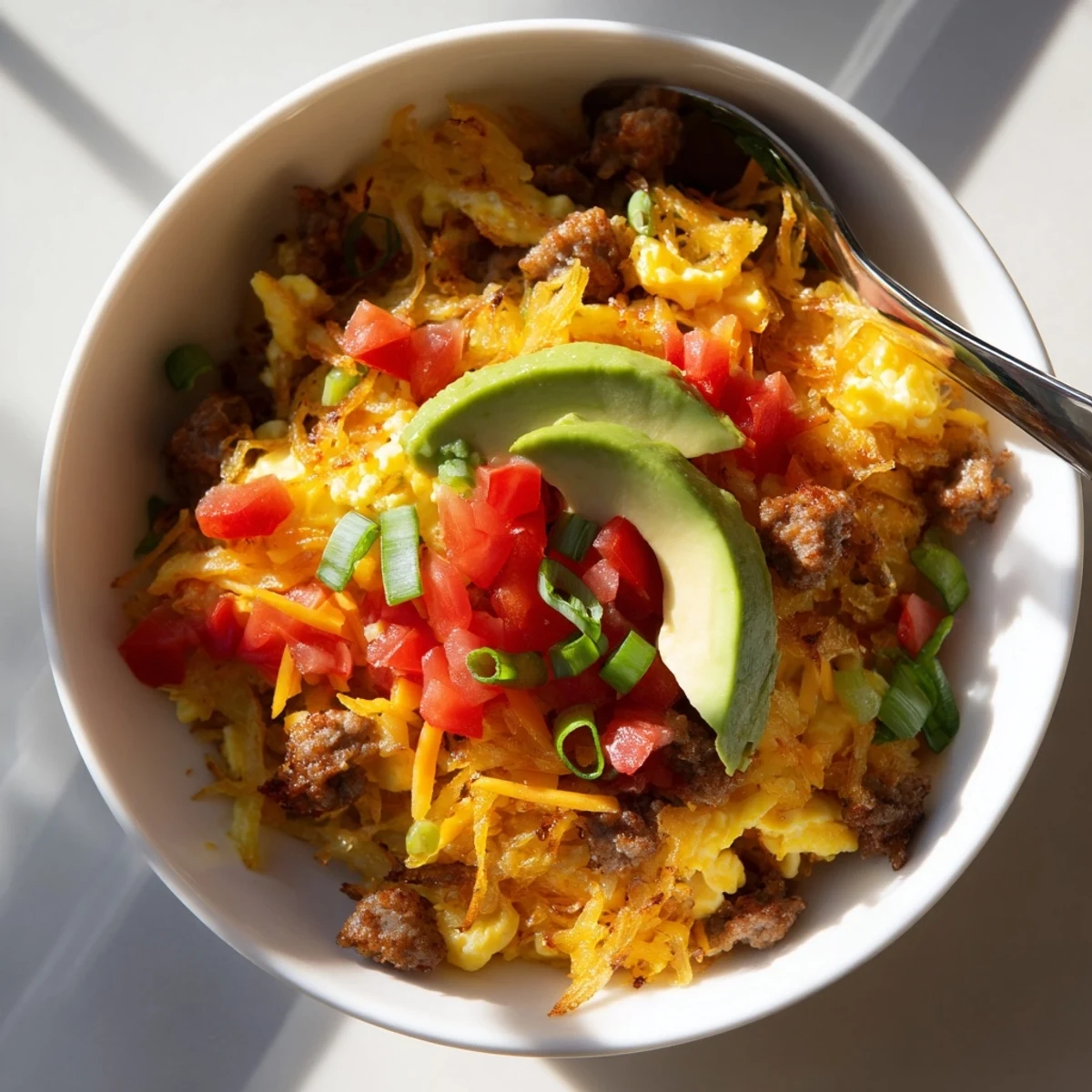 Warm Hash Brown Breakfast Bowls feature savory sausage, creamy avocado, and melted cheddar over crunchy hash browns.