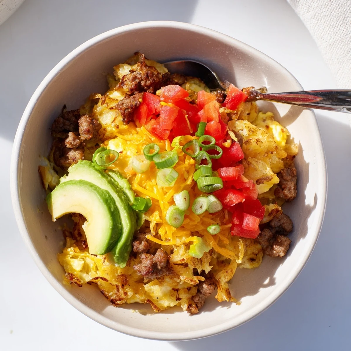 A close view of Hash Brown Breakfast Bowls with scrambled eggs, diced tomatoes, and fresh green onions on top.