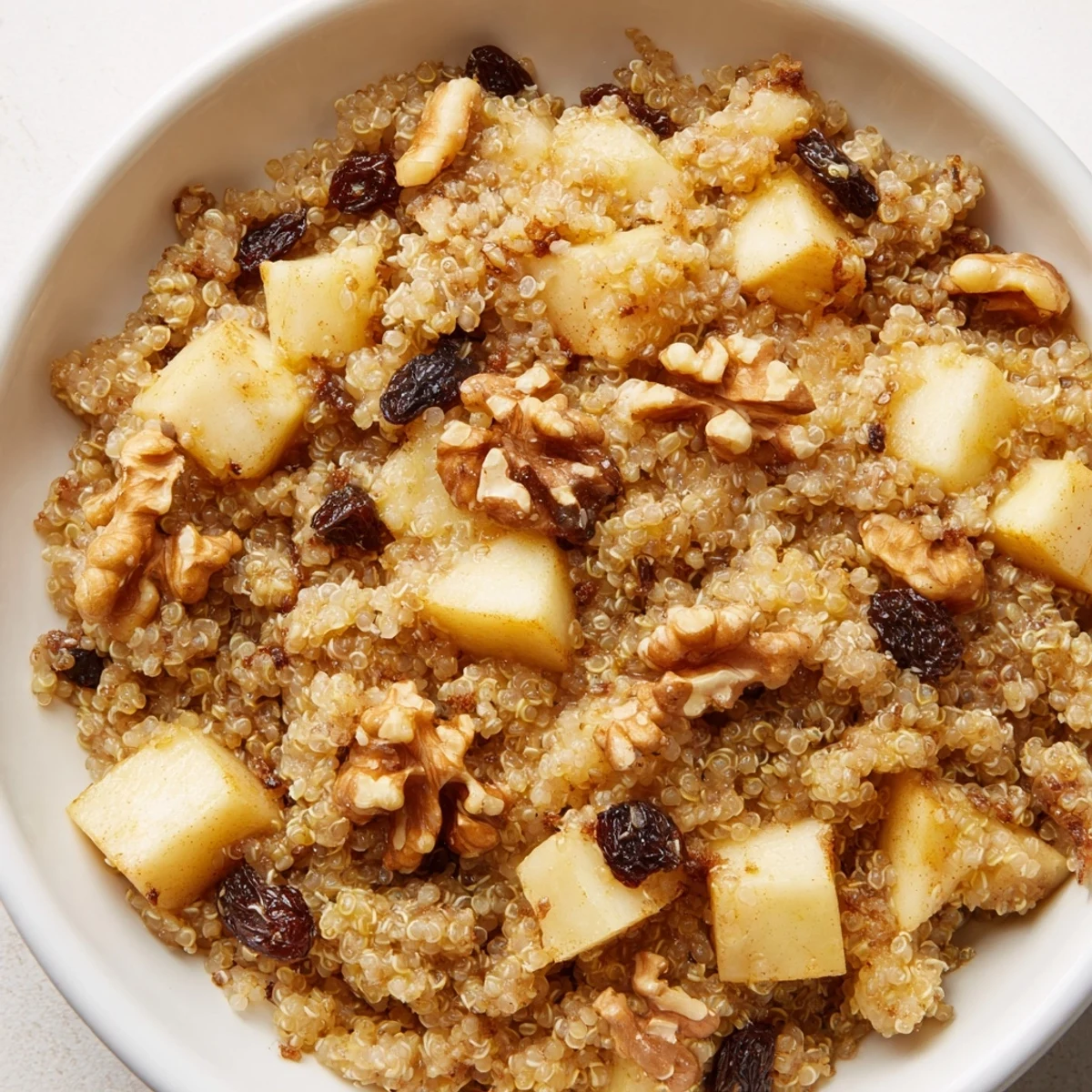 Hearty Healthy Quinoa Apple Breakfast with diced apples and raisins, ready to serve for a cozy morning.