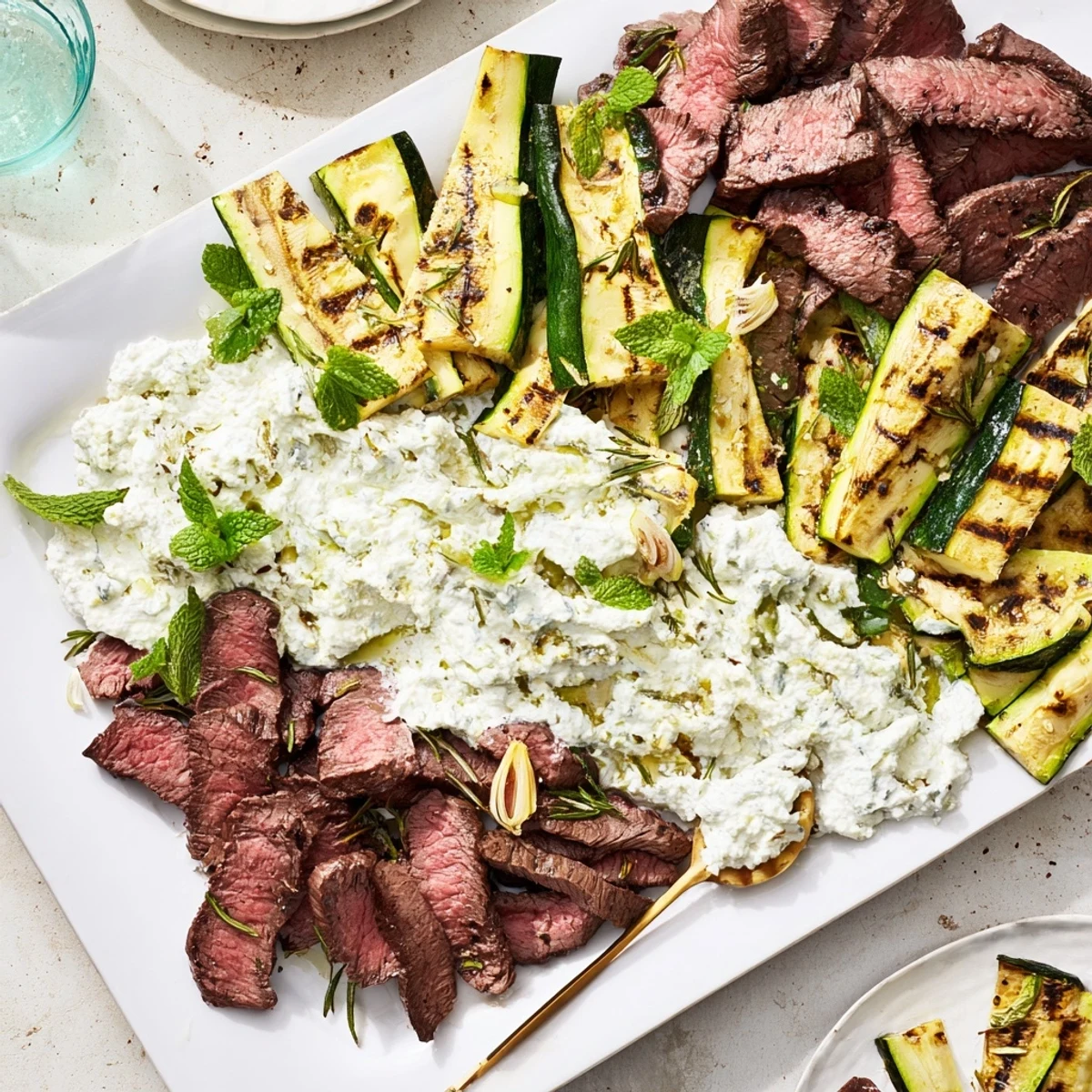 Balsamic Flank Steak with Grilled Zucchini and Whipped Feta sliced thinly and fanned on a platter for a summer dinner.