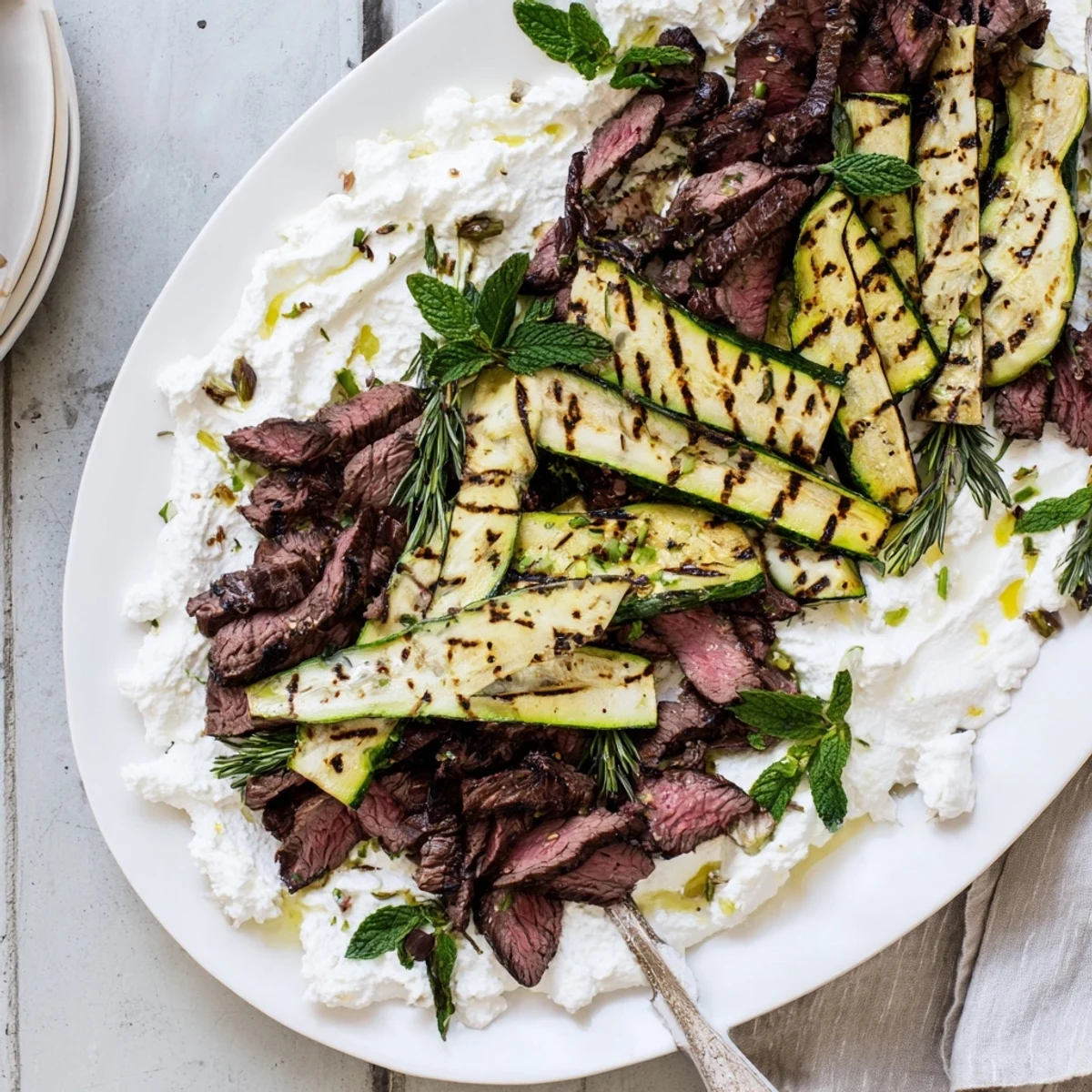 Juicy Balsamic Flank Steak with Grilled Zucchini and Whipped Feta garnished with fresh herbs and balsamic glaze, ready to serve.