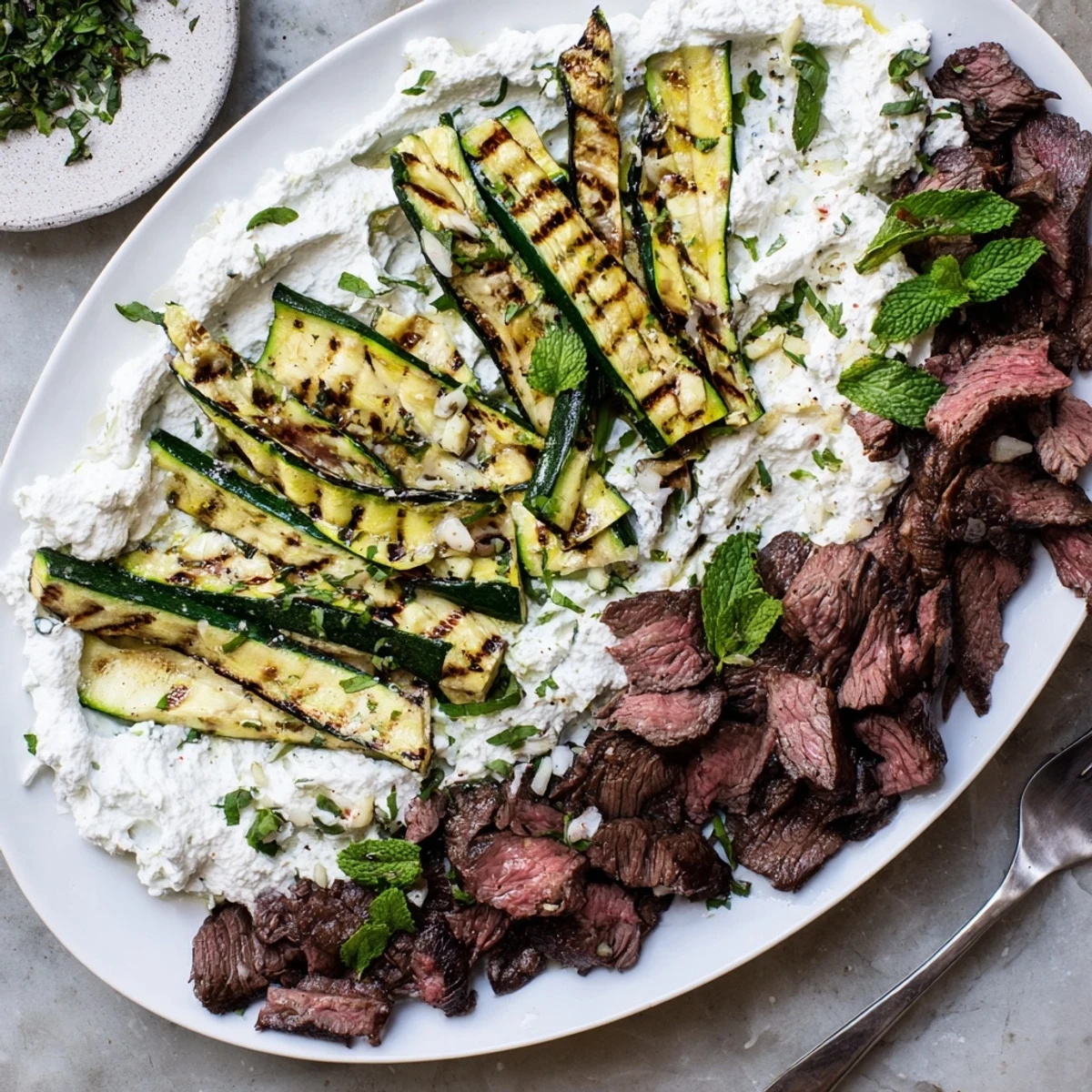 Balsamic Flank Steak with Grilled Zucchini and Whipped Feta beside charred zucchini planks and creamy feta spread for Mediterranean-inspired meal.