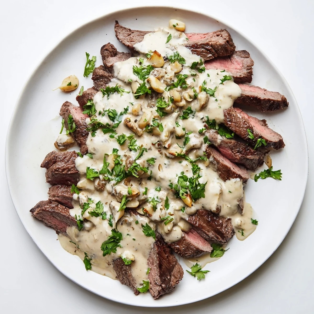 Sliced flank steak draped in velvety roasted garlic sauce on a rustic plate, served with green beans for a gluten-free dinner.