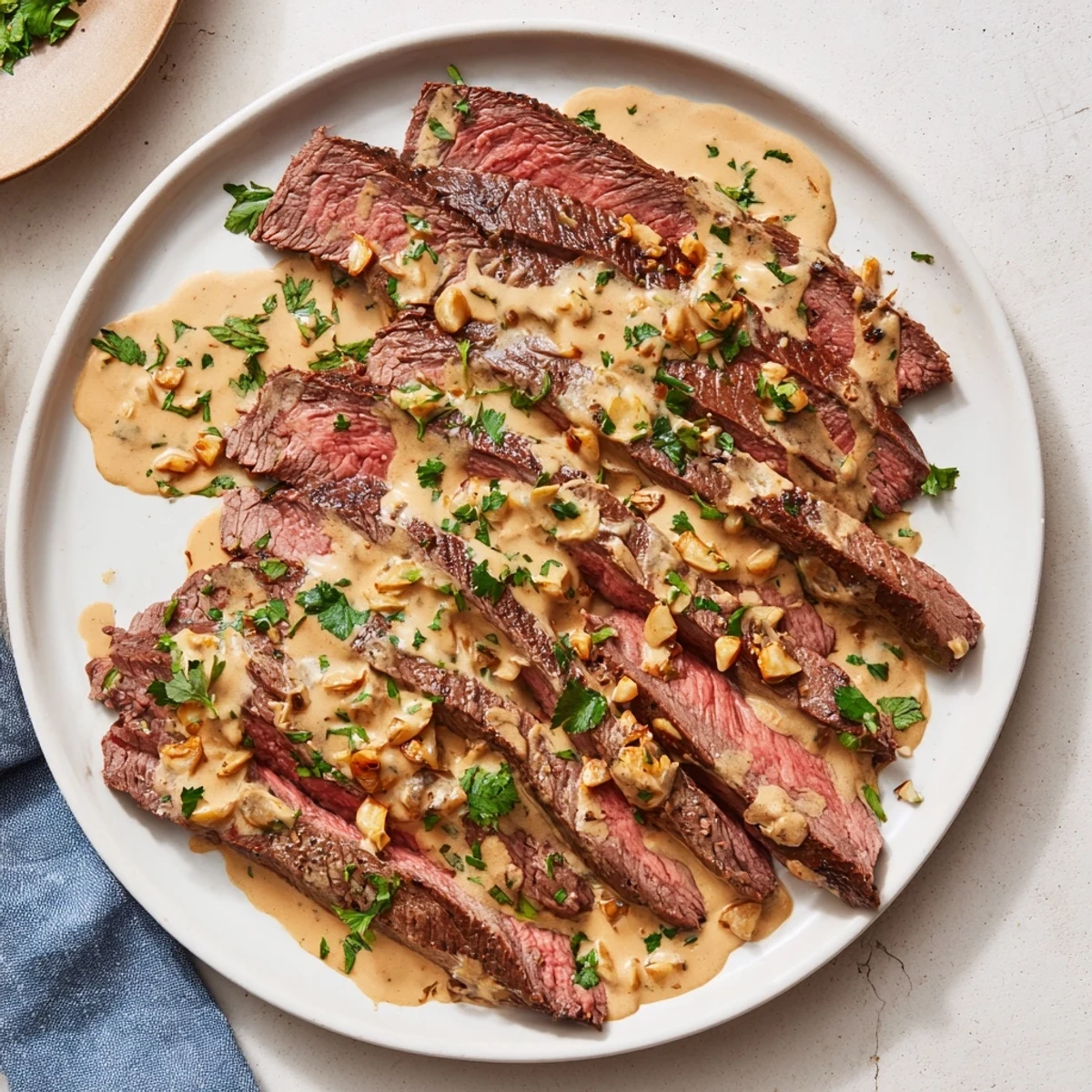 Roasted garlic cloves being whisked into cream sauce beside perfectly seared flank steak, creating a rich aromatic main dish.