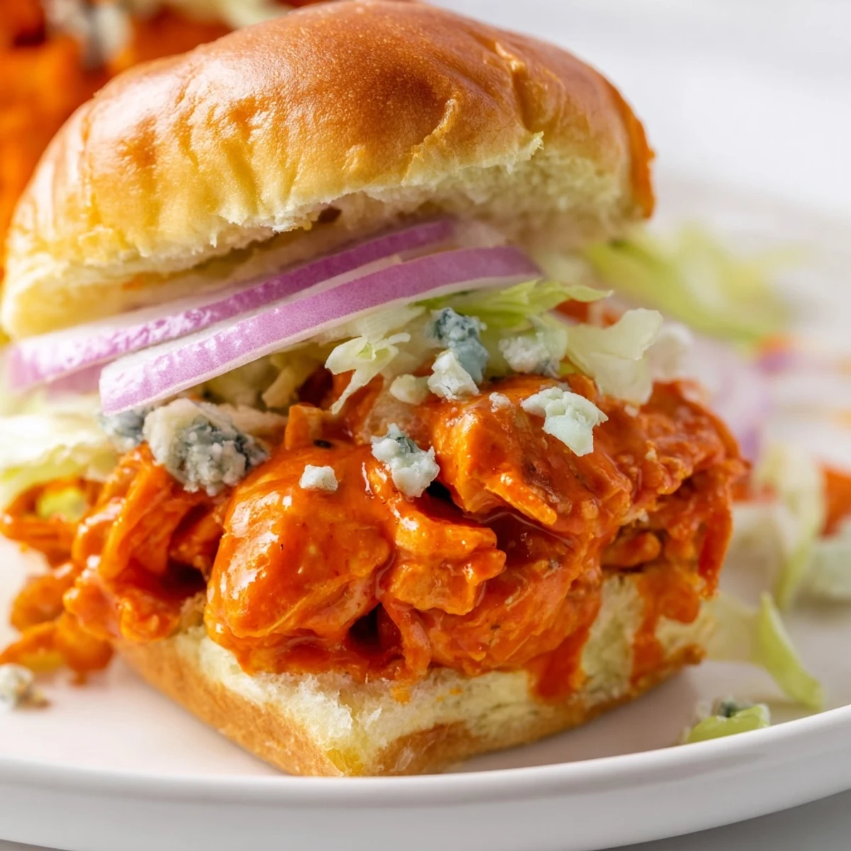 Fluffy slider buns cradle spicy Buffalo chicken, topped with blue cheese crumbles and crisp lettuce for a tangy bite.