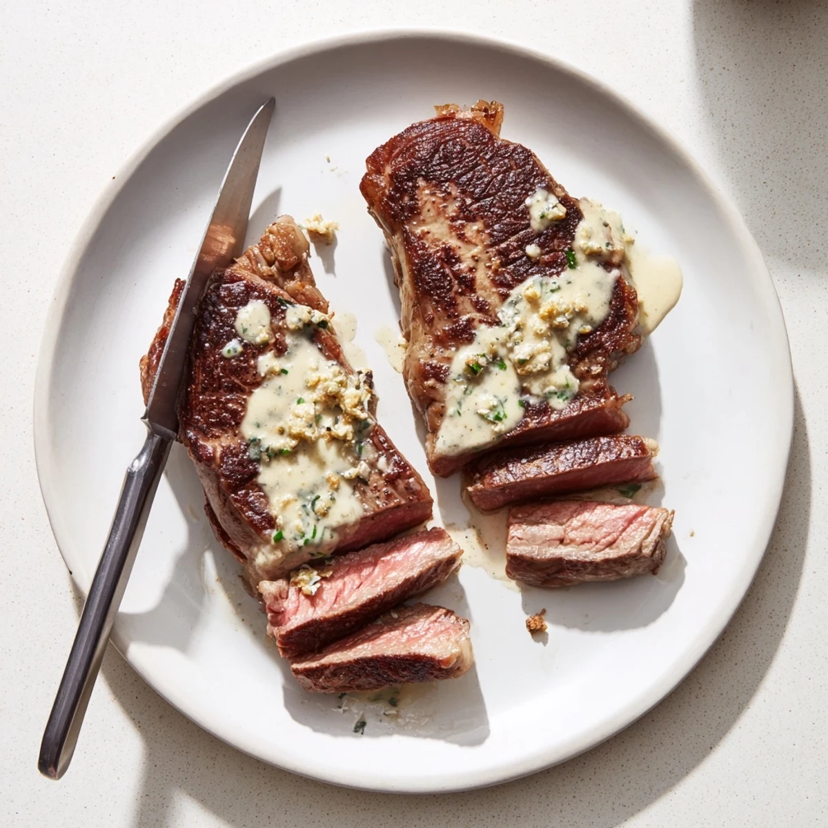 Golden seared Juicy Steak With Creamy Garlic Sauce over creamy mash, highlighting velvety texture and herbs.