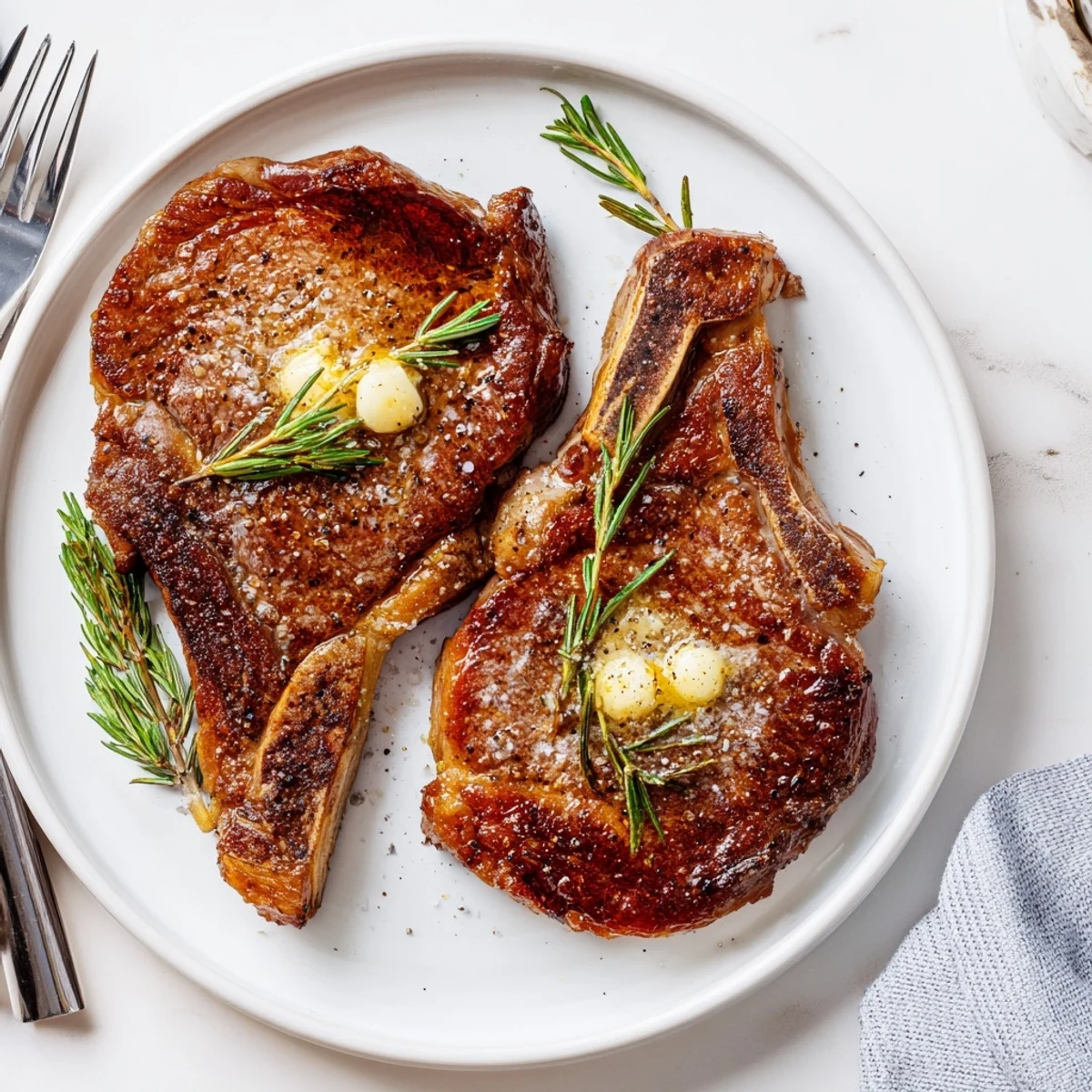 A juicy Pan Seared Ribeye Steak with a caramelized crust, topped with garlic butter and fresh thyme.