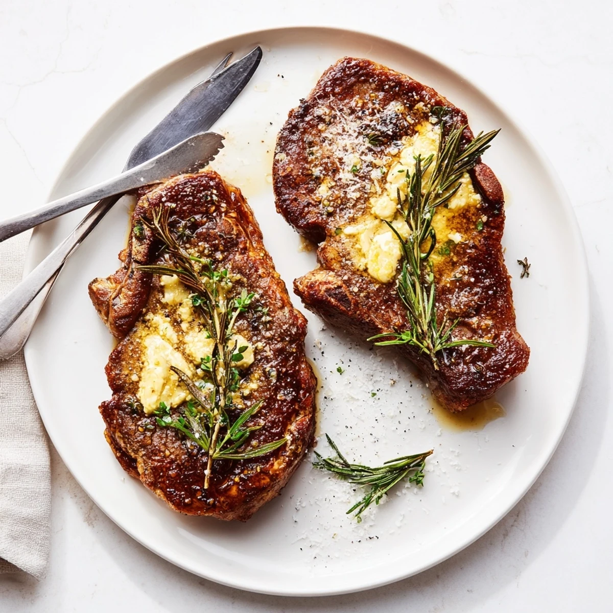 Close-up of Pan Seared Ribeye Steak, showing a golden sear and melting garlic butter sauce.