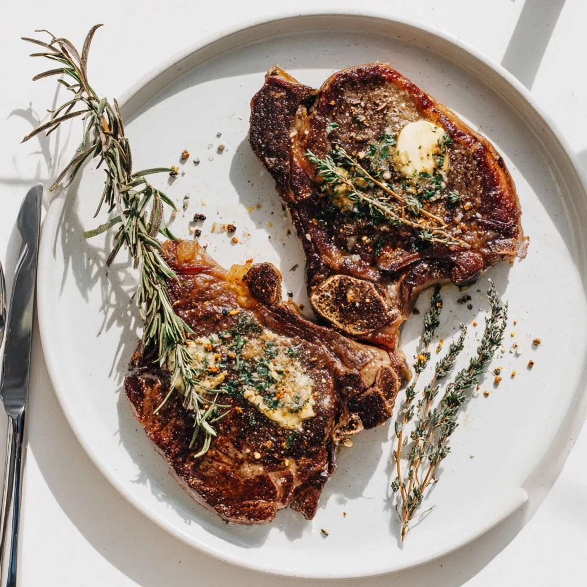 Sliced Pan Seared Ribeye Steak revealing a pink center, served alongside roasted vegetables and herbs.