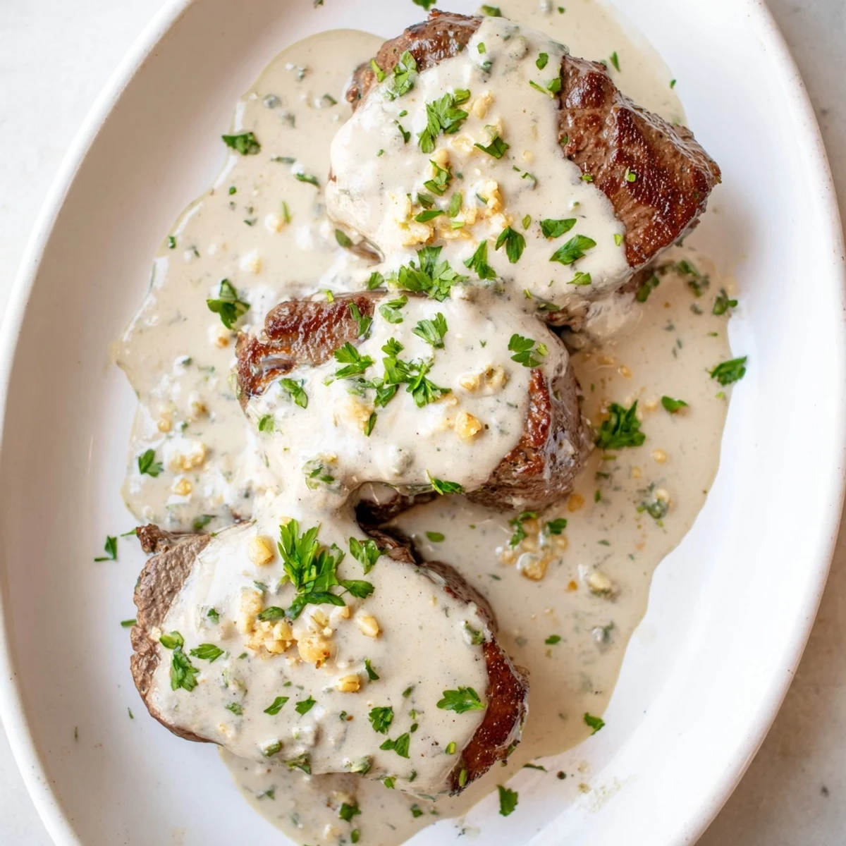 Perfectly seared Garlic Butter Steak With Parmesan Cream Sauce drizzled with rich, garlicky sauce over juicy beef medallions for a cozy dinner.  