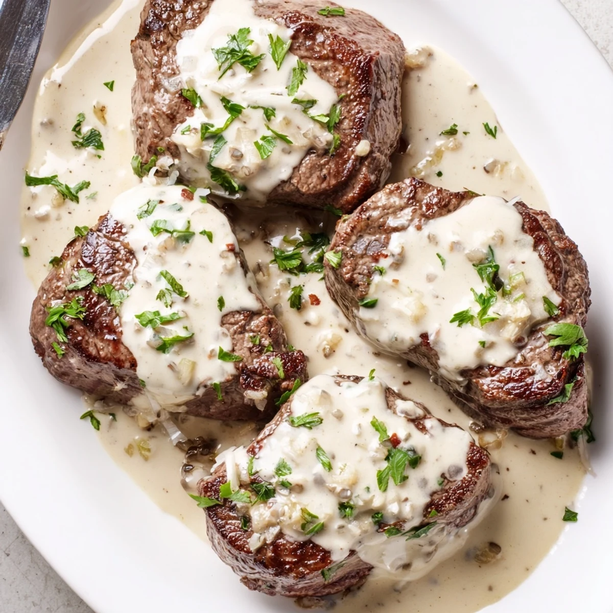 Plate of Garlic Butter Steak With Parmesan Cream Sauce served with roasted vegetables and extra sauce spooned over the tender steak slices.