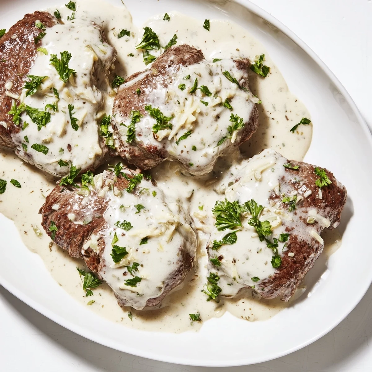A close-up of Garlic Butter Steak With Parmesan Cream Sauce showing golden-brown crust and creamy sauce pooling beside fresh parsley garnish.  