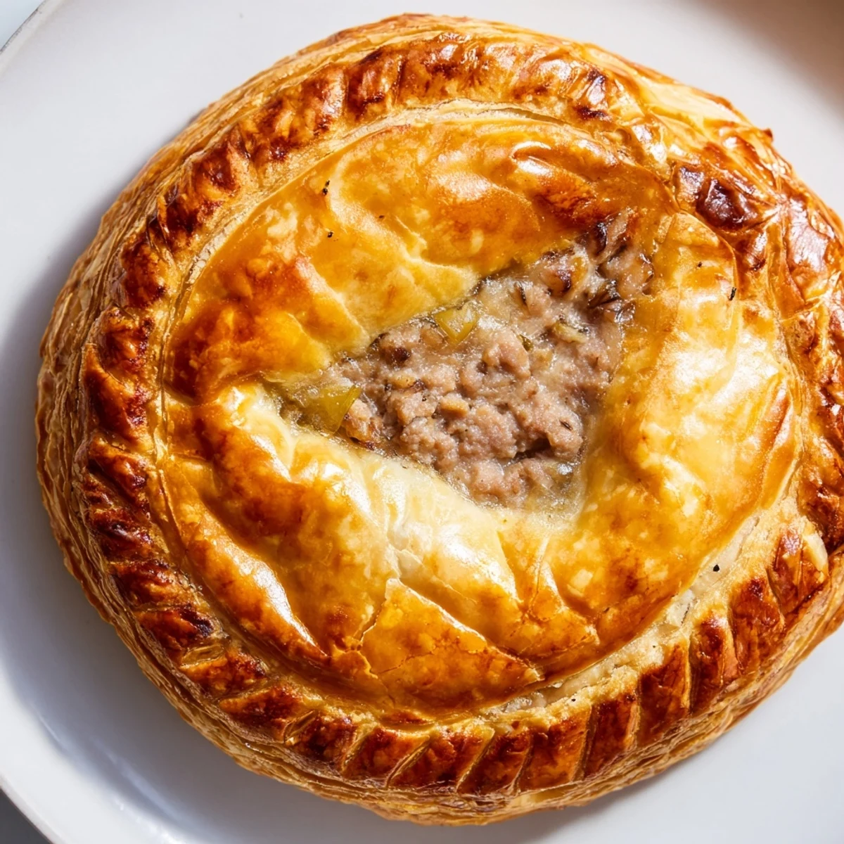 A close-up of Pate Chaud with golden layers, served warm on a rustic wooden board.