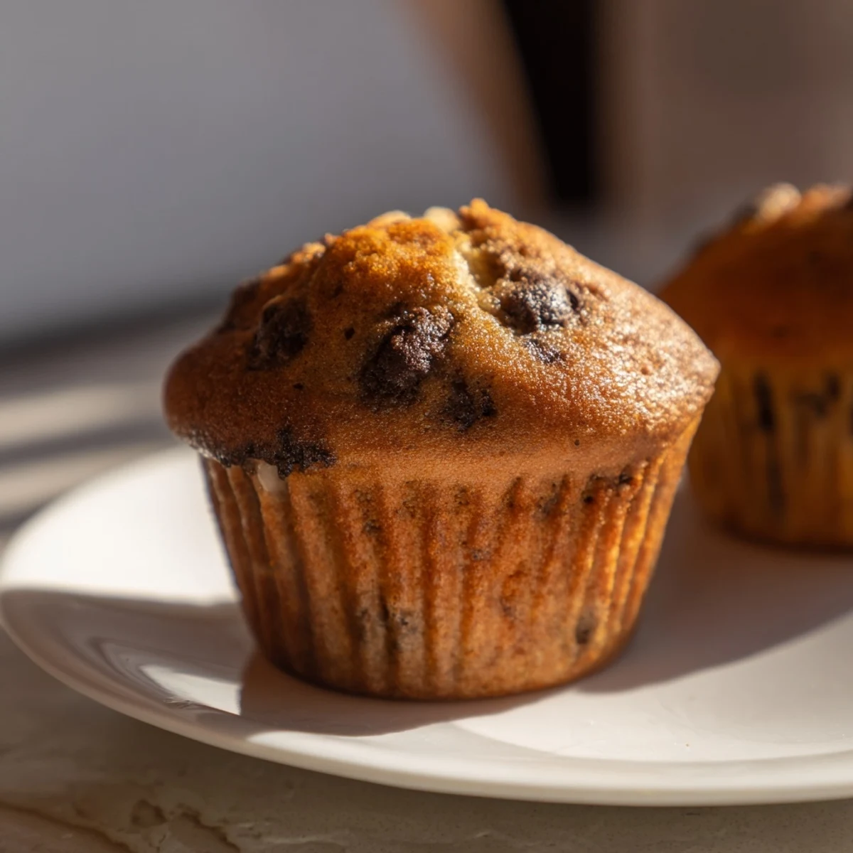 French Roast Coffee Muffins with Mochi Flour are displayed with rich brown tops and a scattered crumb on a rustic wooden table.