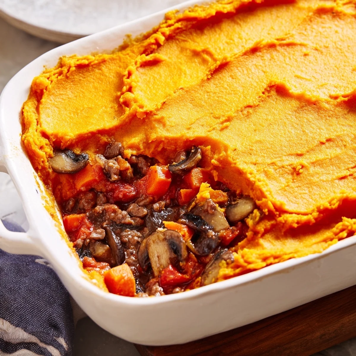 Golden beef, tomato, and mushroom filling bubbling in a baking dish topped with creamy sweet potato mash, served as a hearty cottage pie.