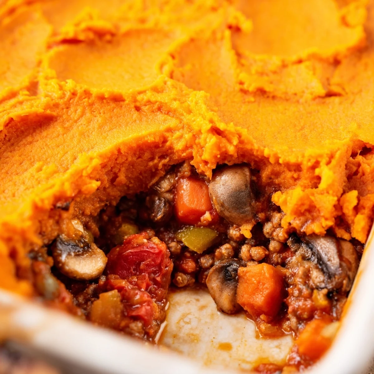 Sizzling ground beef with tomatoes and mushrooms next to a dish of creamy sweet potato mash, ready to become cottage pie.