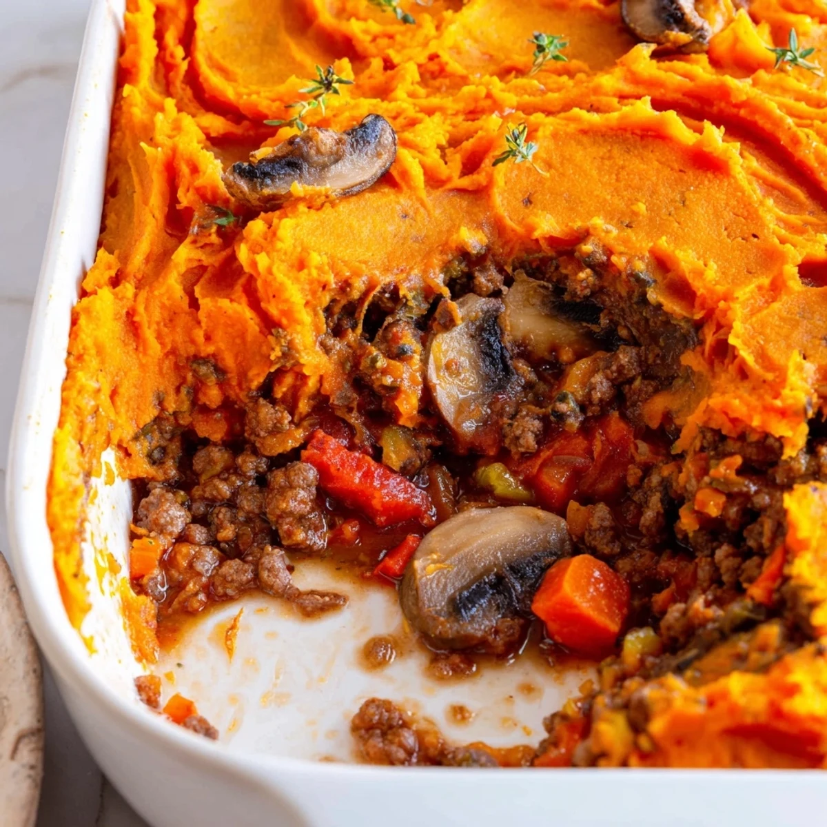 A close-up of savory Beef, Tomato & Mushroom Cottage Pie with Sweet Potato, steam rising from the golden-brown mashed topping.