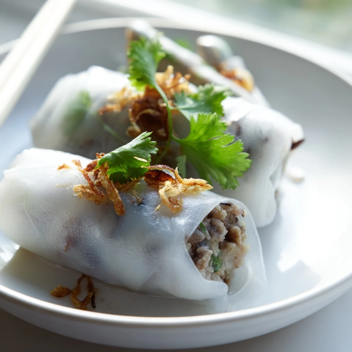 Soft, translucent Banh Cuon rolls filled with savory pork and mushrooms, arranged with crunchy bean sprouts and cucumber slices on a white platter.
