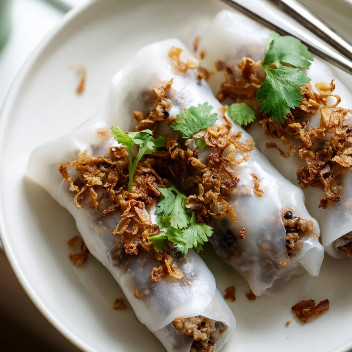 Steamed Banh Cuon garnished with cilantro and cha lua, served with lime wedges and chili for a bright Vietnamese breakfast.