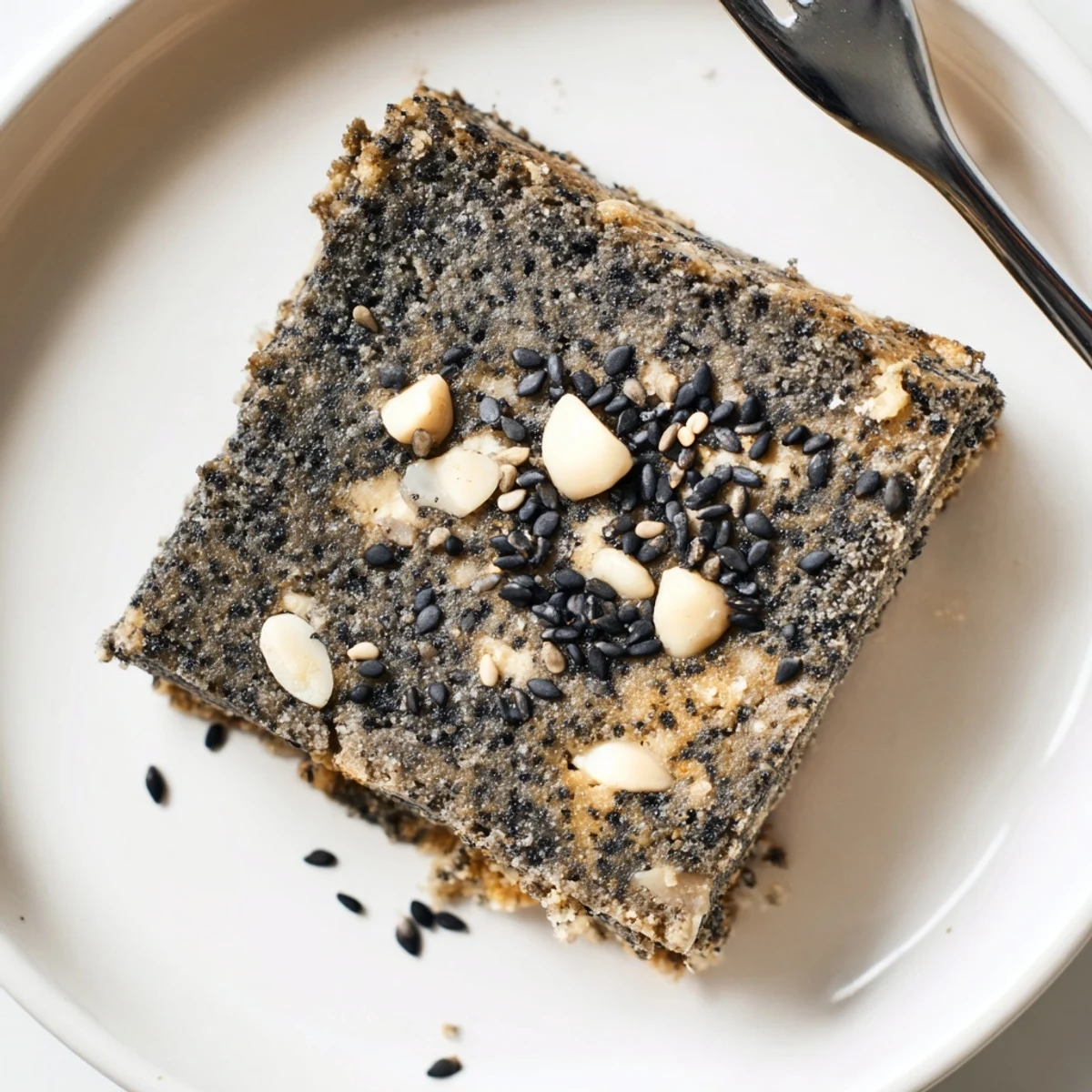 A close-up of sliced Black Sesame Blondies on a plate, revealing moist crumb and toasted sesame seed topping.