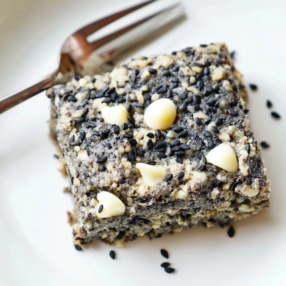 Stacked Black Sesame Blondies served with a scoop of vanilla ice cream, highlighting the rich, nutty flavor.