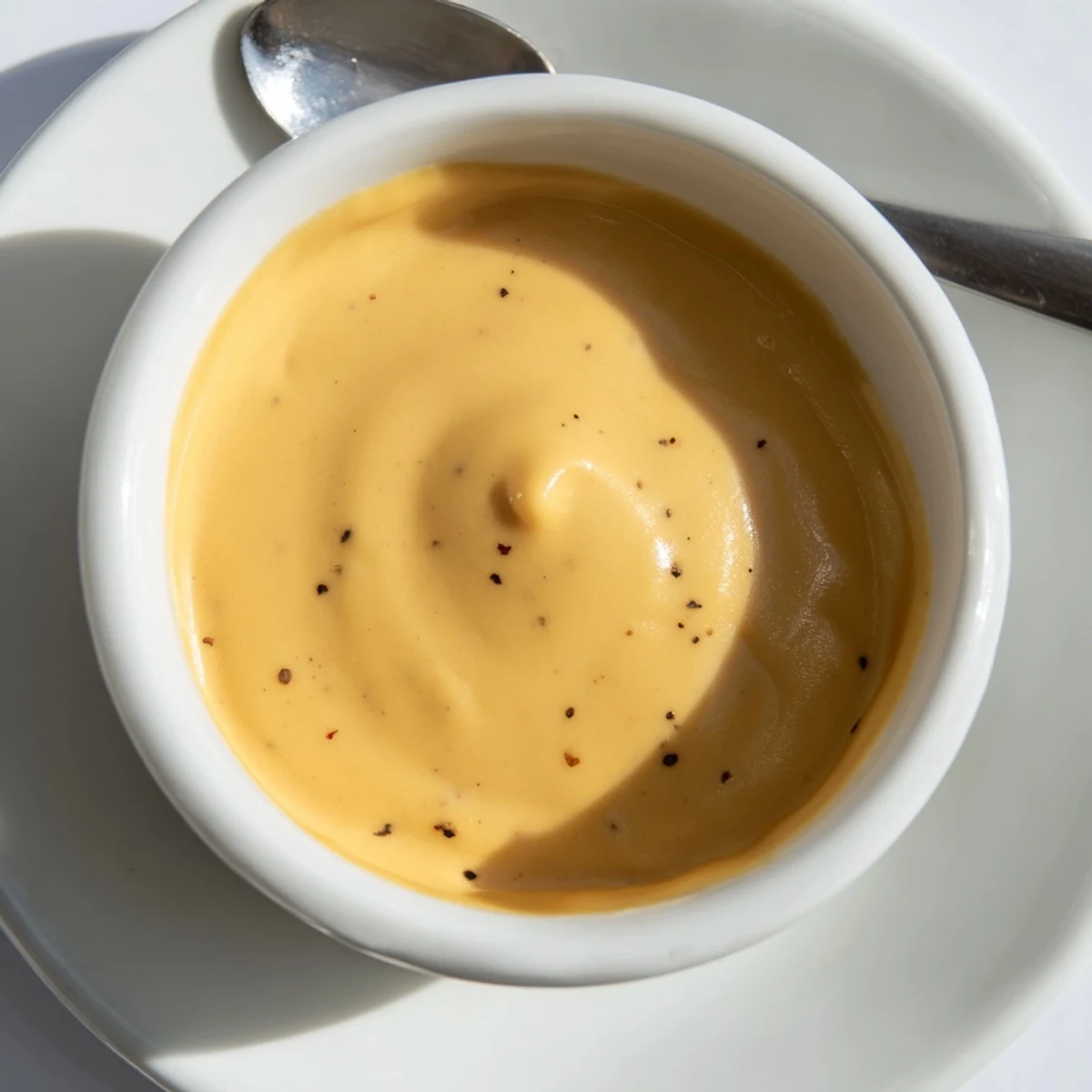 A steaming bowl of Snappy Cheddar Sauce drizzled over a loaded baked potato, garnished with chives.  