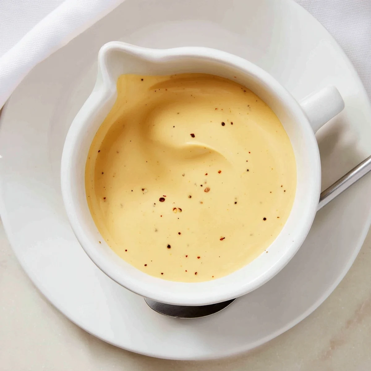 Close-up of Snappy Cheddar Sauce in a saucepan, smooth and golden with a whisk resting nearby.  