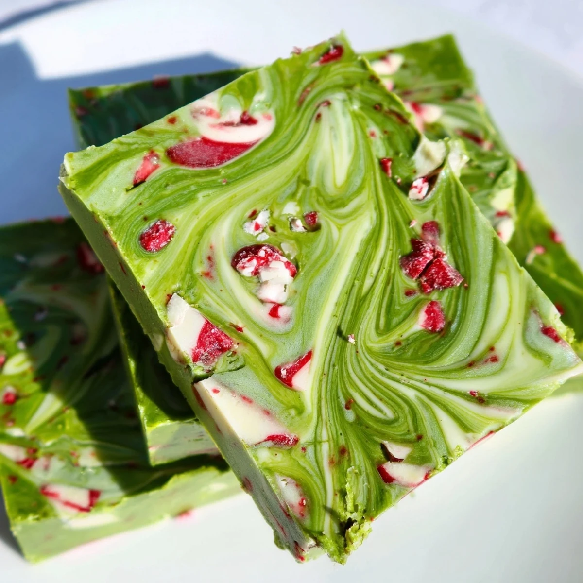 A close-up of the vibrant Matcha Peppermint Bark, showing the marbled green and white chocolate topped with crunchy peppermint candy pieces.