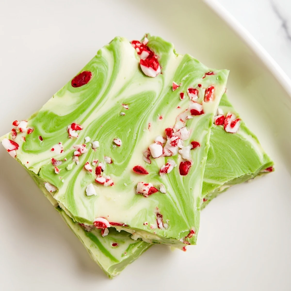 Freshly broken pieces of Matcha Peppermint Bark reveal the creamy texture inside, ready to be served on a festive holiday platter.